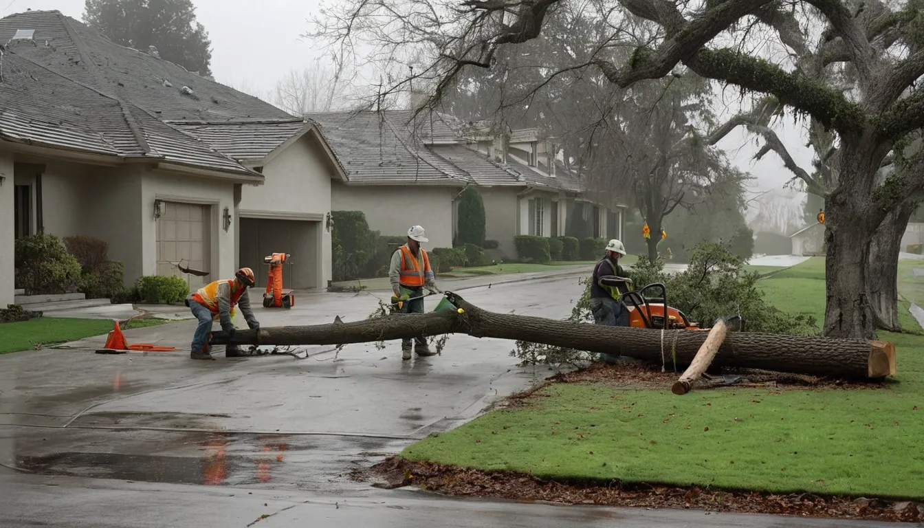 Provider crew clearing a fallen tree from a home driveway in Burbank after a storm