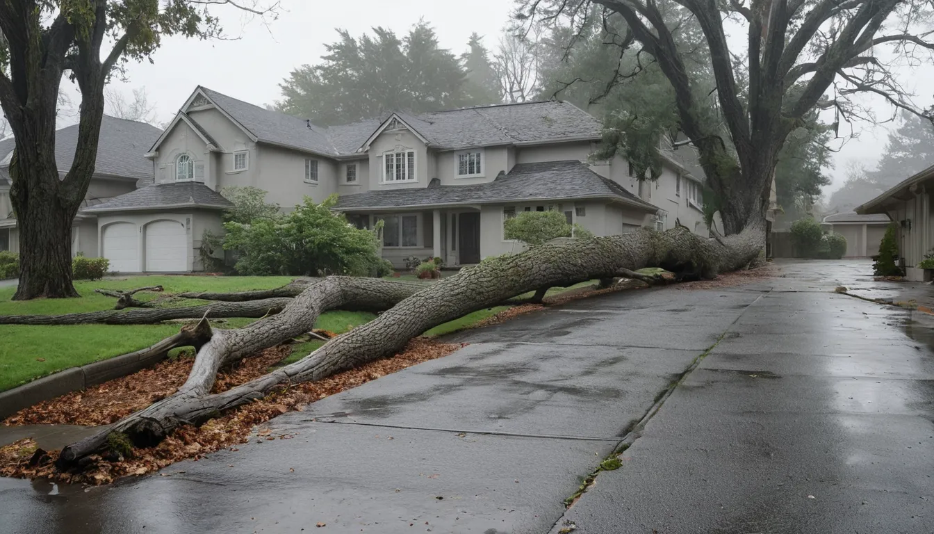 A fallen limb resting across a driveway after a winter storm in the Burbank area