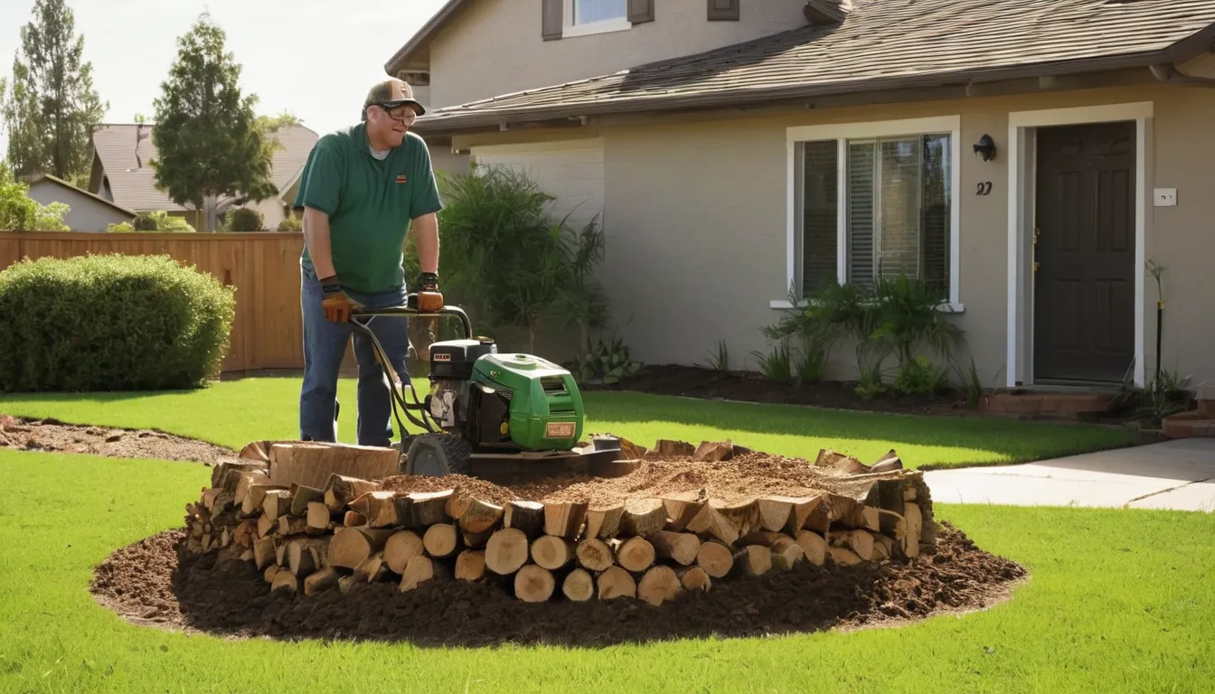 A local provider grinding a tree stump in a Burbank backyard with wood chips flying